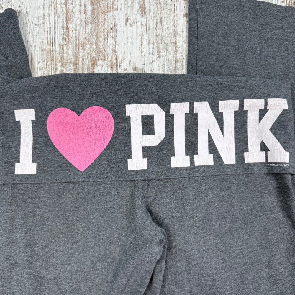 True VTG Y2K Victoria's Secret Yoga Pants Foldover Waist I Heart PINK Flare Sz M - Picture 3 of 9